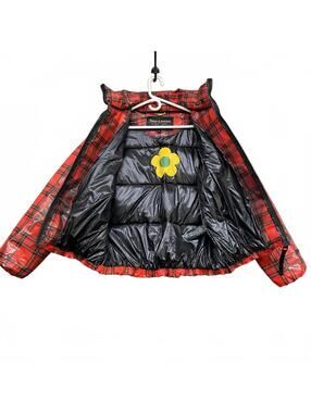 Juicy Couture Black Label Red Plaid Puffer Jacket Sz XL Yellow Flower Lining Y2K
